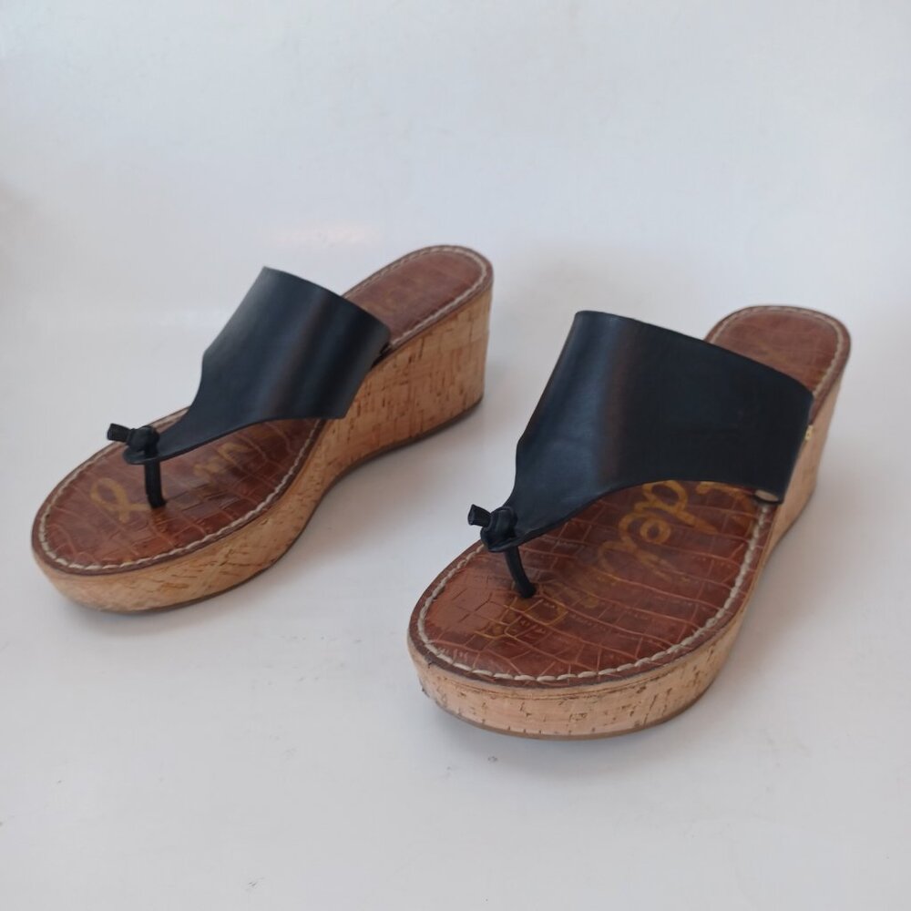 Sam Edelman Cork Wedge Sandals Black Leather Roy 3D Platform Shoes Womens 8.5 - Picture 7 of 15
